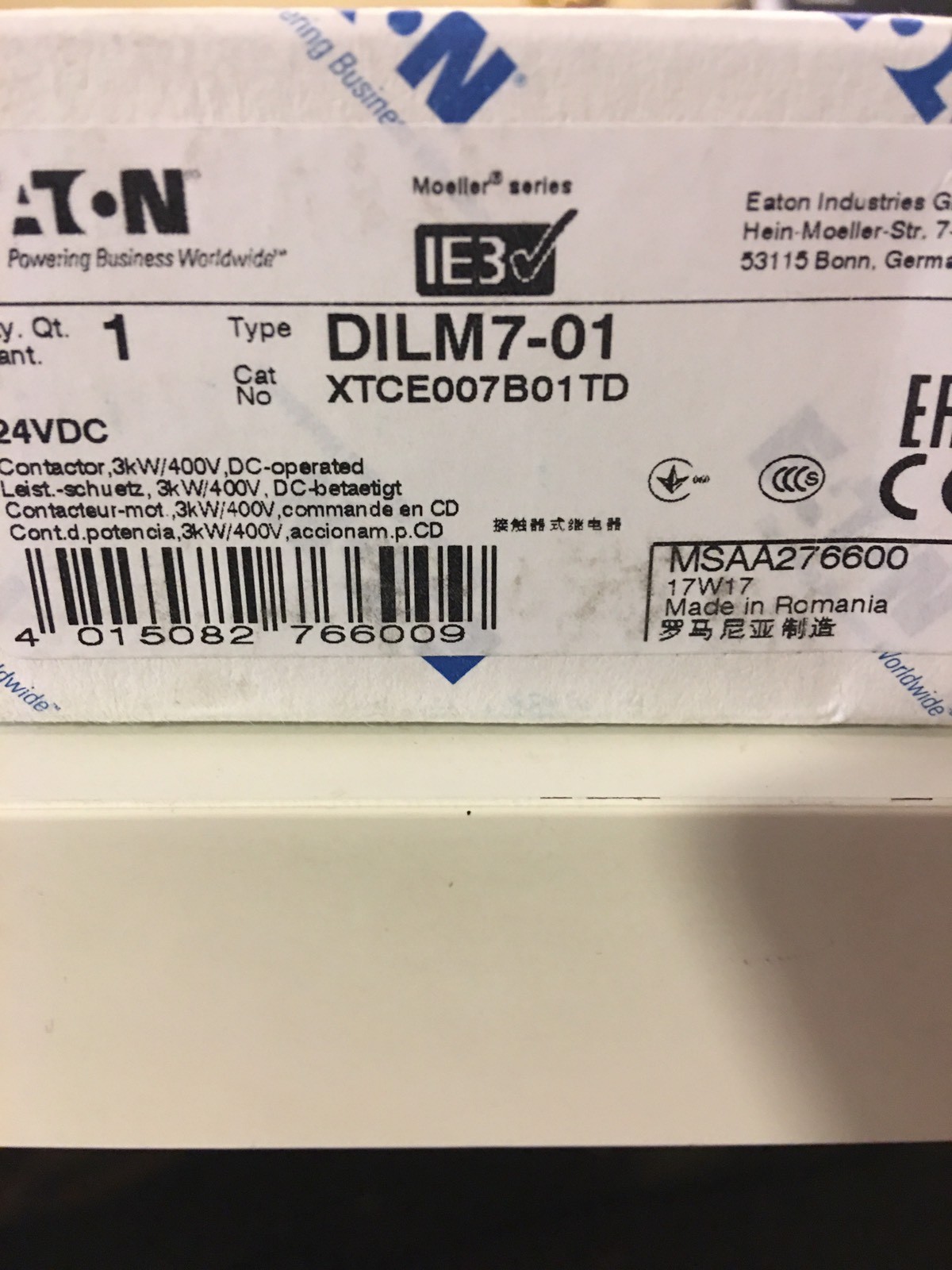 XTCE007B01TD 24VDC EATON/ MOELLER DILM7-01 24VDC