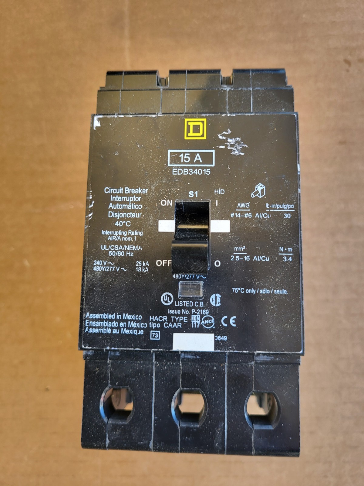 USED Square D EDB34015 Circuit Breaker 15A 240/480Y/277VAC 3-Pole FREE SHIPPING