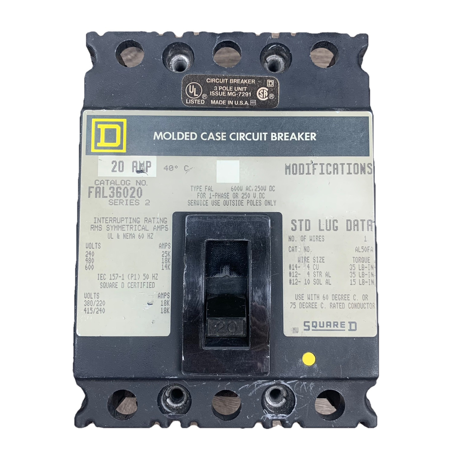 SQUARE D FAL36020 Molded Case Circuit Breaker 3P 20Amp 240/480/600VAC