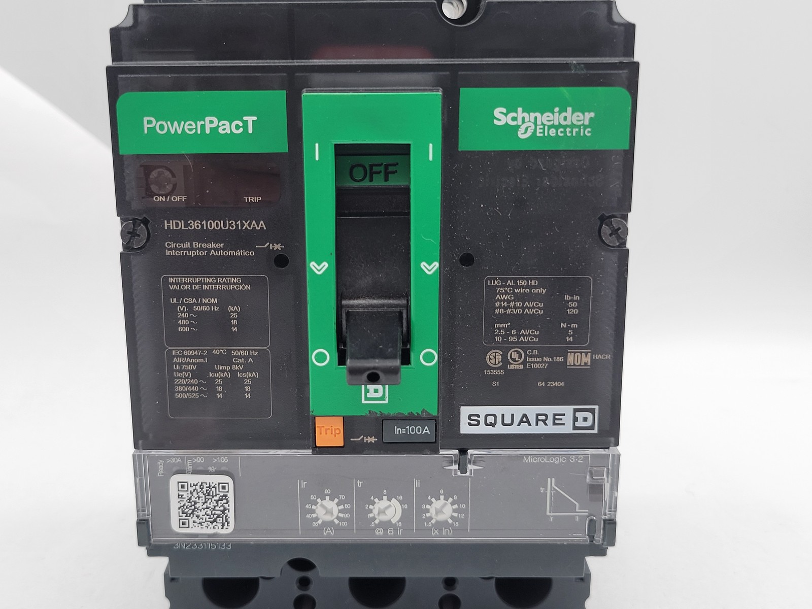 Square D HDL36100U31XAA PowerPact Circuit Breaker 100 Amp 3 Pole 240/480/600V