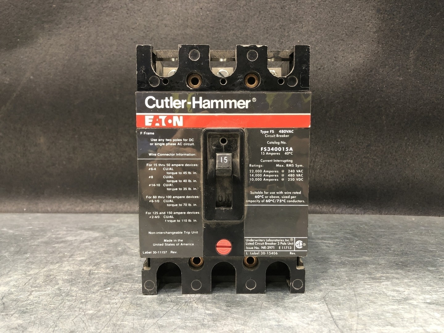 Eaton FS340015A 15 Amp, 3 Pole, 480 volts Circuit Breaker
