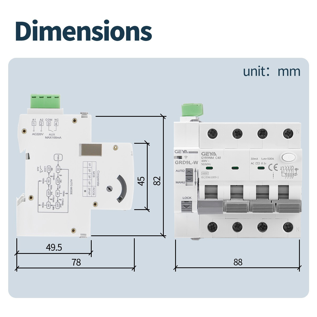 GEYA Tuya WIFI Controller Smart RCBO AC Type 4P AC230V 16/25/40A 30/100/300mA