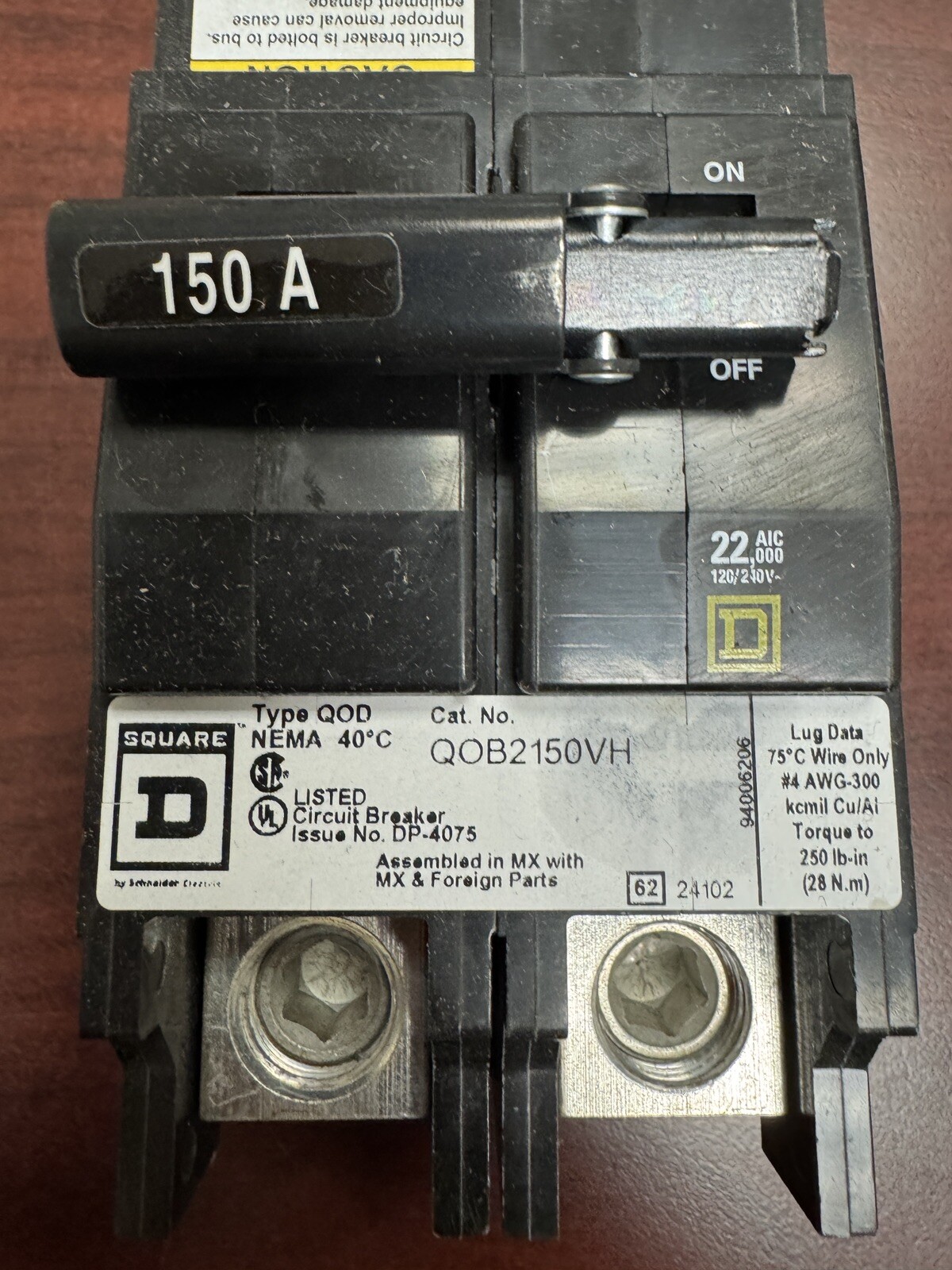 QOB2150VH 2 Pole 150Amps 120/240 Volt Bolt-On 22K NEW REMOVED FROM PANEL SquareD