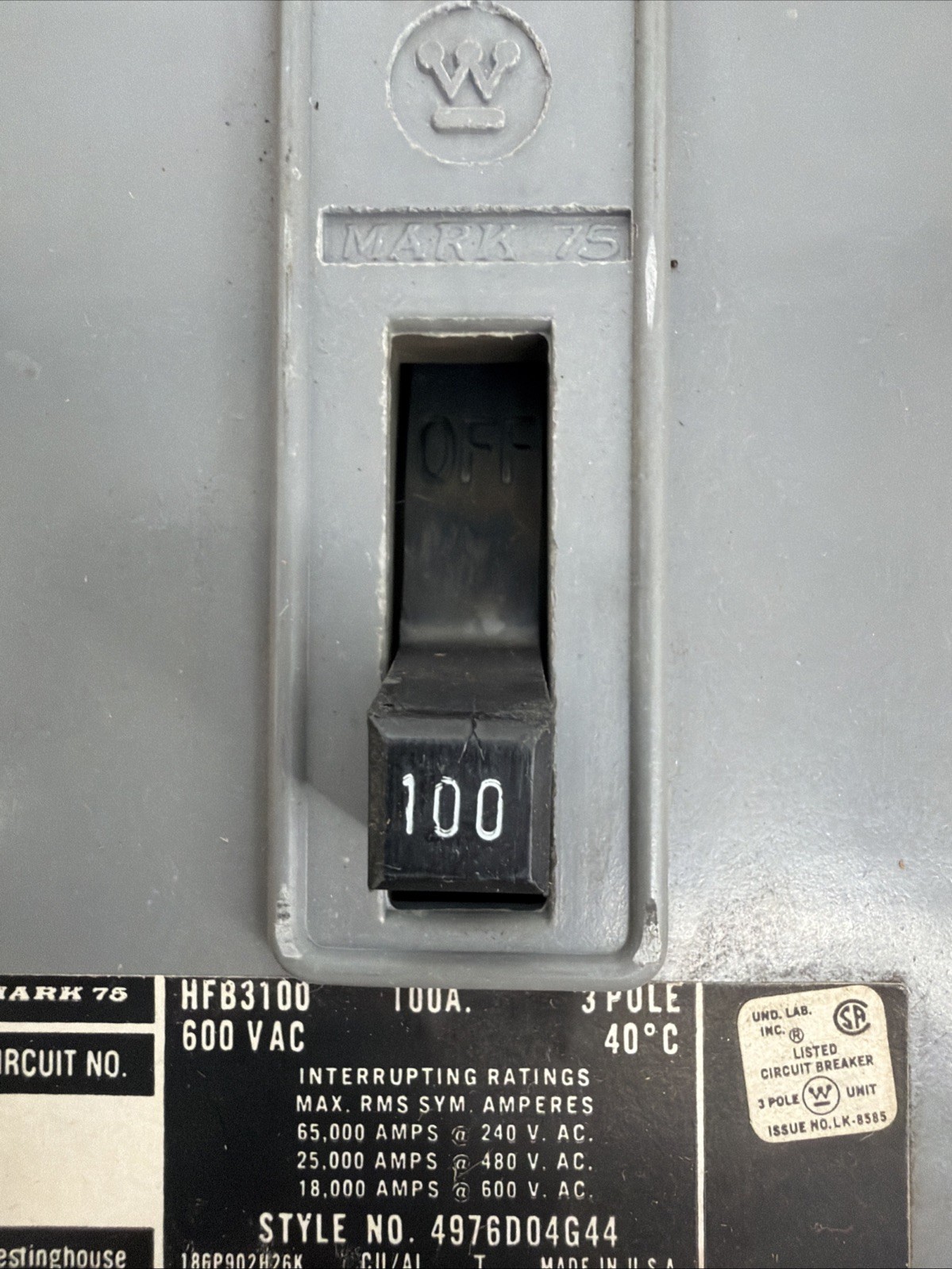 Westinghouse HFB3100 Circuit Breaker, 600V, 100A, 3 Pole, 3 Phase, Made In USA