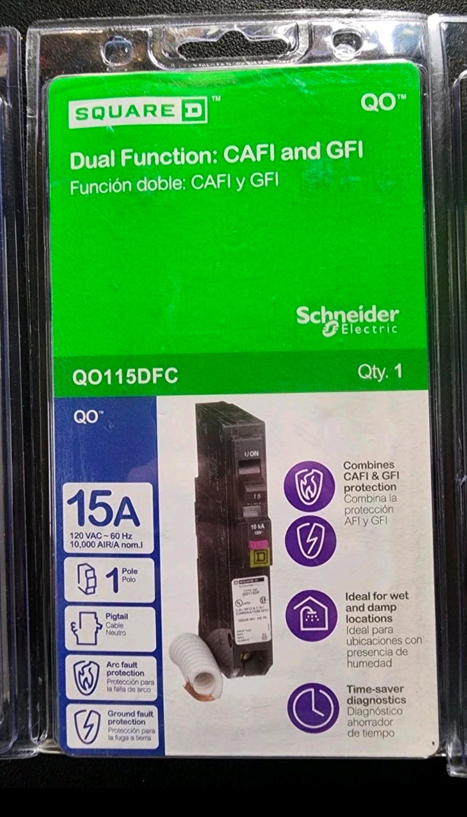 Square D QO115DFC 15 Amp Dual Function 1-Pole Pigtail Breaker GFI CAFI