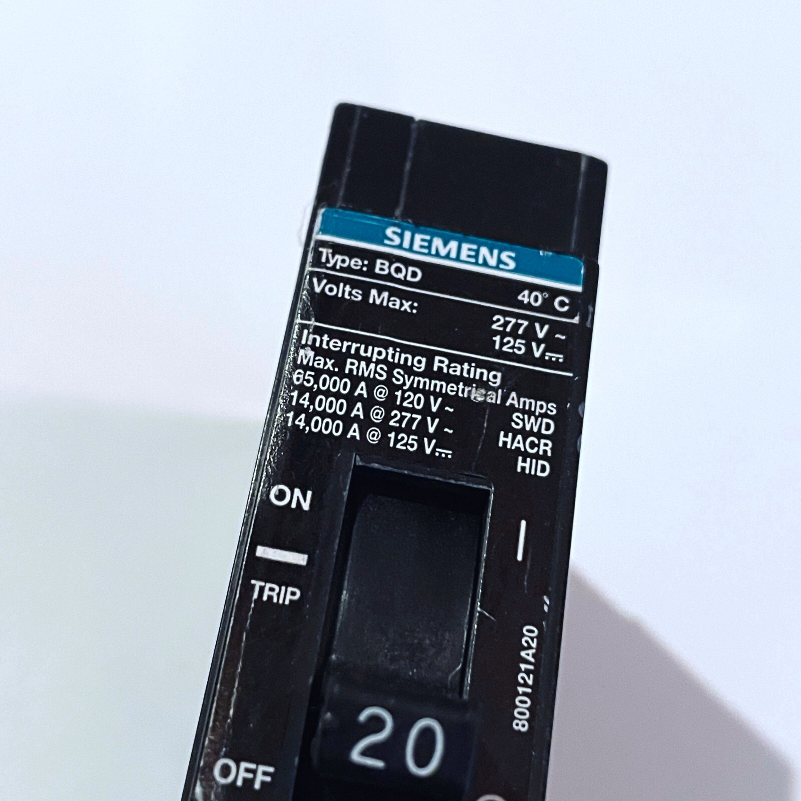 Siemens BQD120 20 AMP Bolt-On Circuit Breaker 277 VAC 1 POLE 14kA@277V