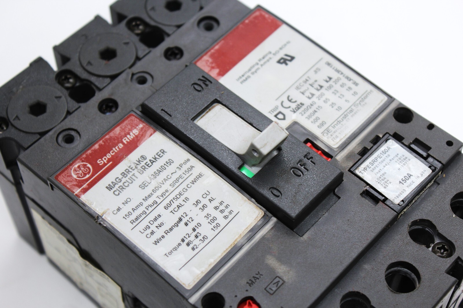 GE SPECTRA RMS MAG-BREAK LIMIT 150 AMP BREAKER SELA36AI0150 3 POLES WITH PLUGS