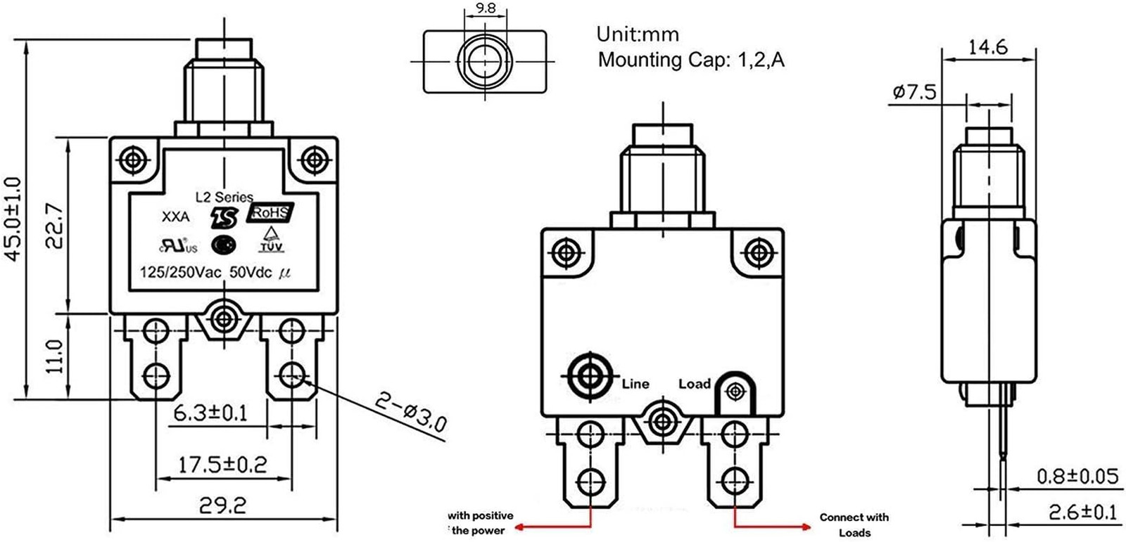 5Pcs Push Button Reset 10A Circuit Breakers with Quick Connect Terminals and Wat