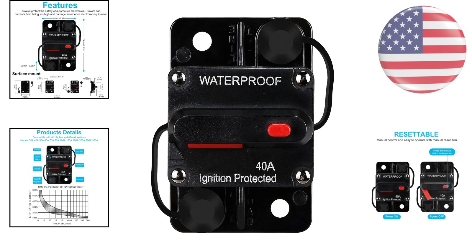 Universal 40 AMP Inline Circuit Breaker for DC Audio System Overload Protection