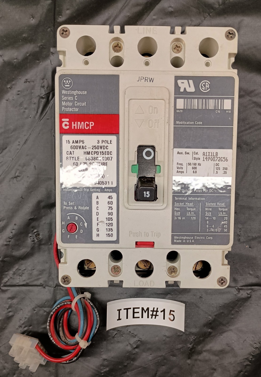 Westinghouse 15A Motor circuit Protector with AUX. 600V AC, 3-Pole, HMCP015EOC