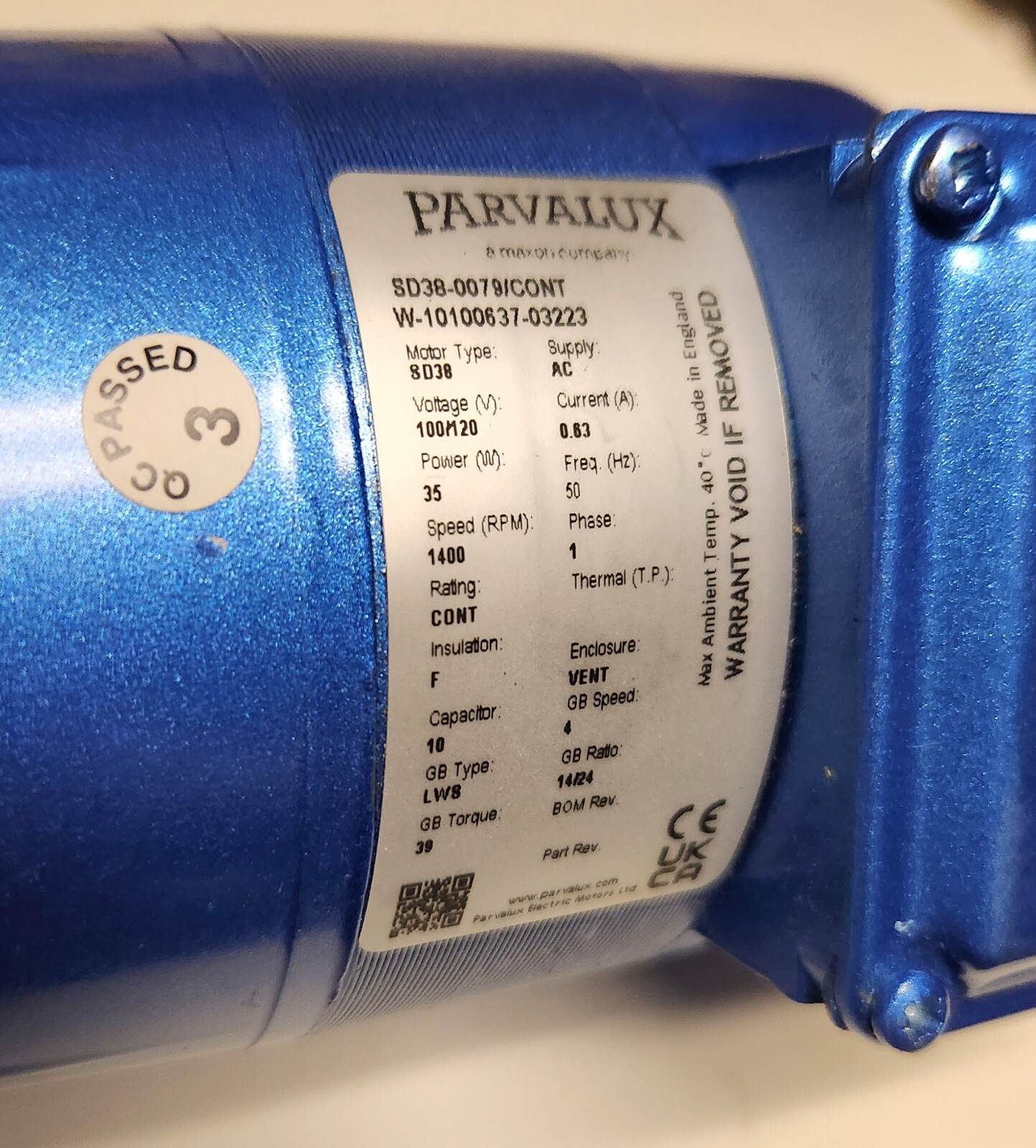 PARVALUX SD38 0079 CONT W 10100637 03223 Type SD38 Motor Gearbox 120 VAC 400 RPM