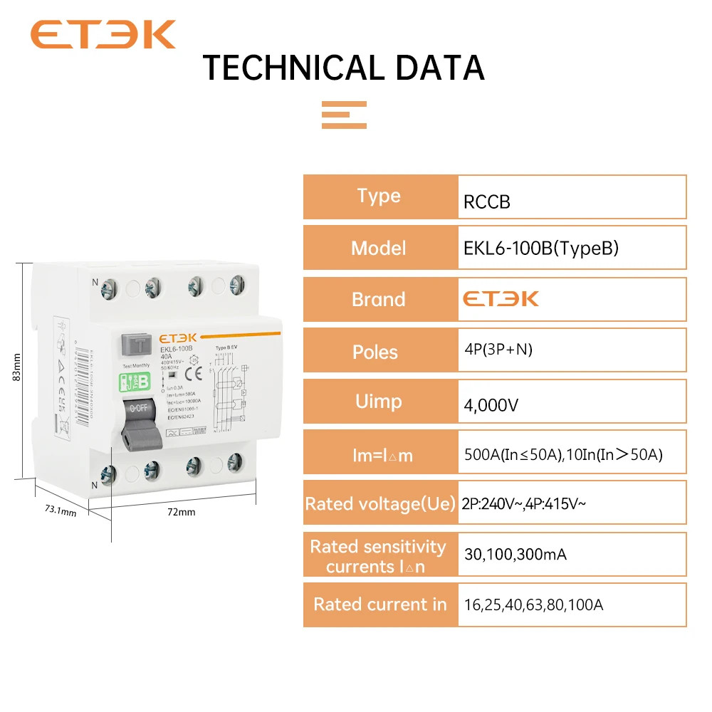 ETEK RCD RCCB Type B Earth Leakage Residual Current Circuit Breaker Evse 2P 4P 4