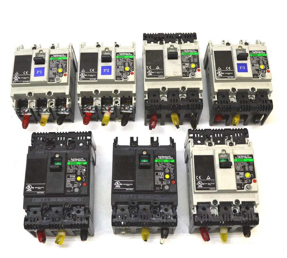 (Lot of 7) Fuji EG53C 20-Amp Electric FA E.L. Circuit Breaker 3-Pole Trip AC