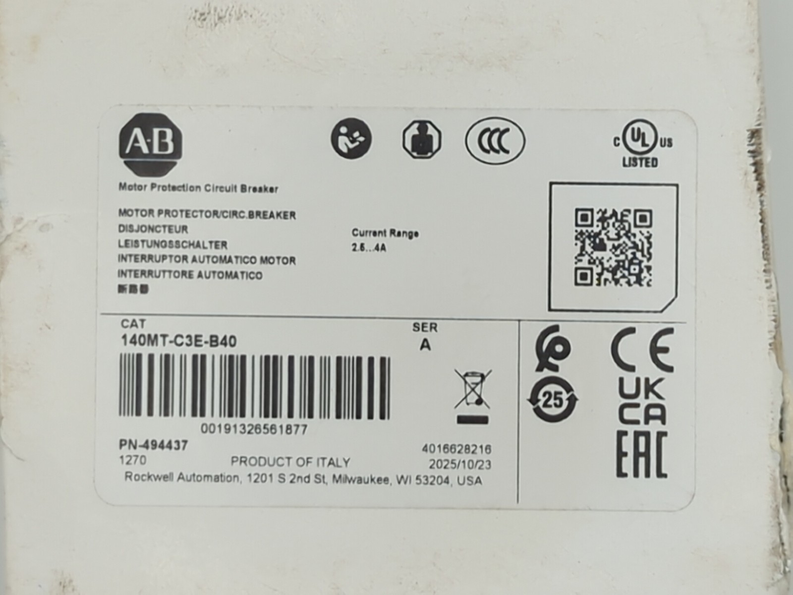 Allen Bradley 140MT-C3E-B40 Motor Protection Circuit Breaker 2.5-4A Series A