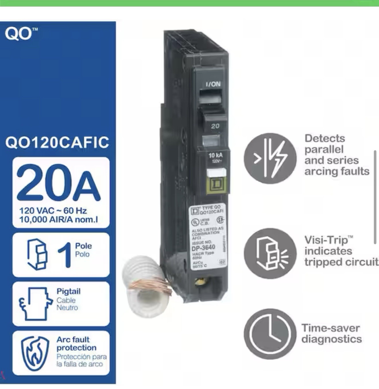 Square D QO120CAFIC 20A 1 Pole Mini Circuit Breaker – Black with diagnostics OB