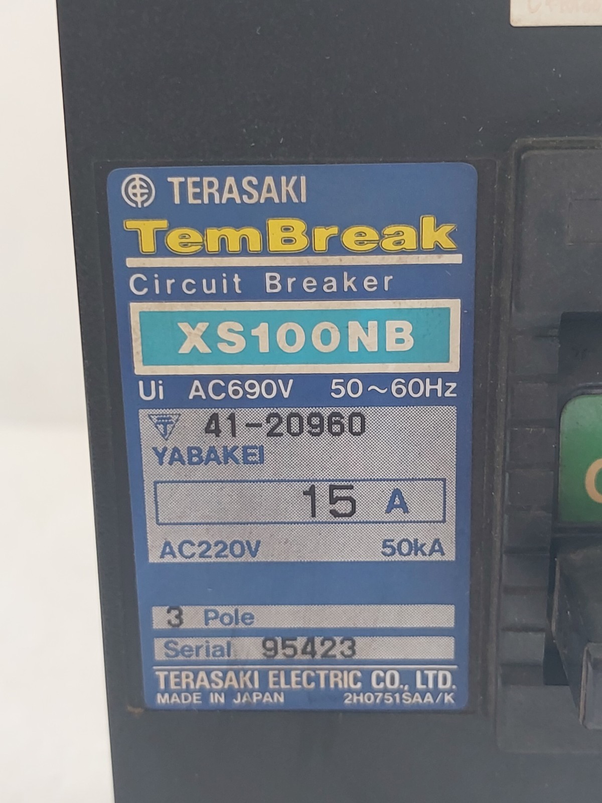 TERASAKI ELECTRIC XS100NB 15A AC690V 3POLE CIRCUIT BREAKER