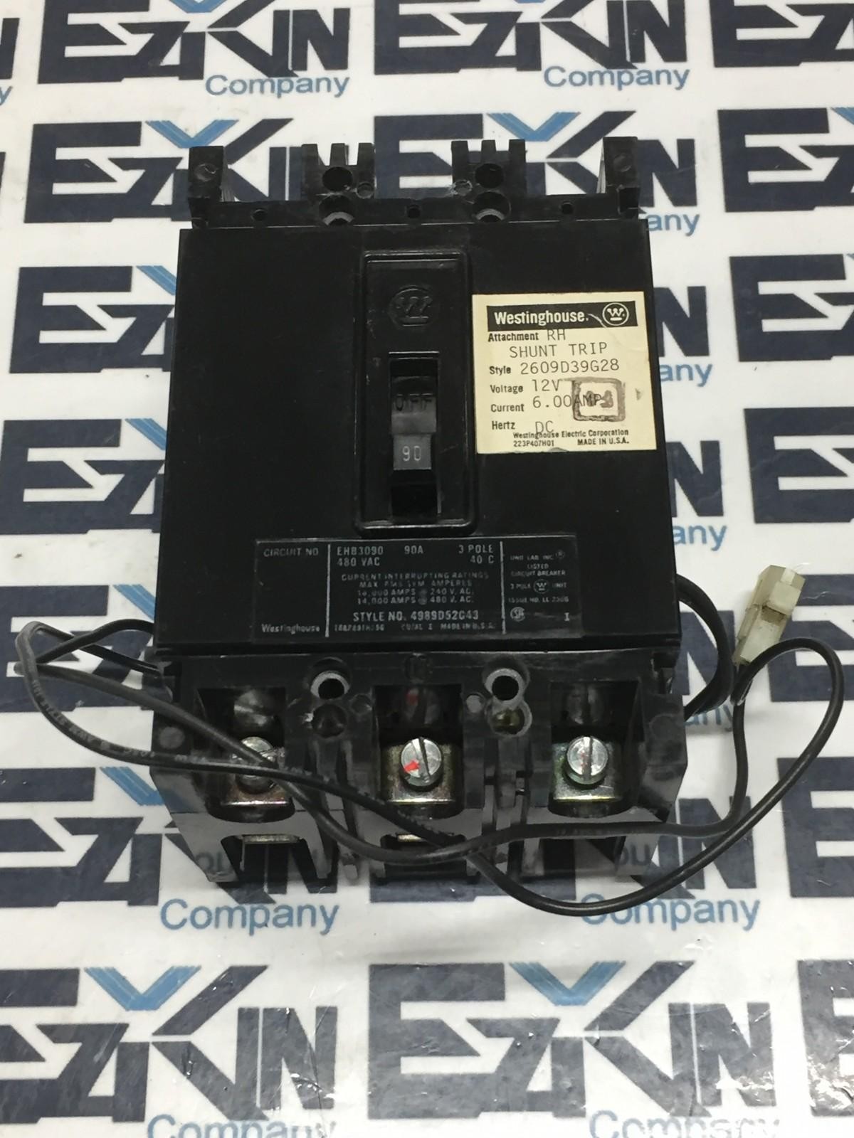 Westinghouse EHB3090 3-Pole Circuit Breaker, 90Amp 480VAC