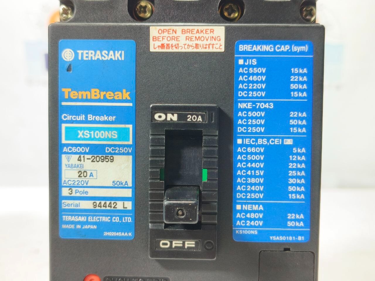 TERASAKI TEMBREAK XS100NS 20A 3POLE AC600V DC250V CIRCUIT BREAKER MCCB FREE SHIP