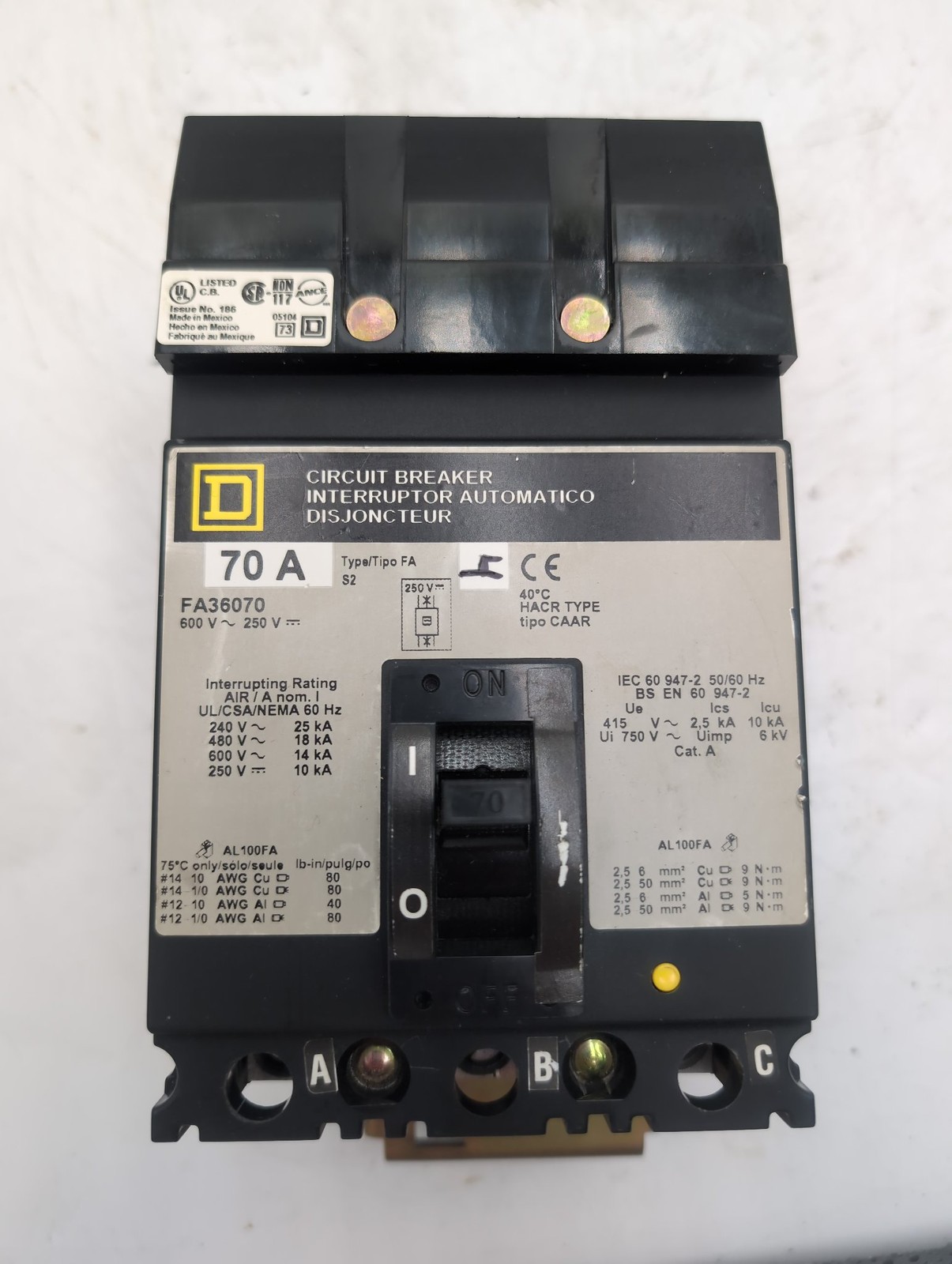 Square D FA36070 70A 3P 600V Circuit Breaker Fast Ship
