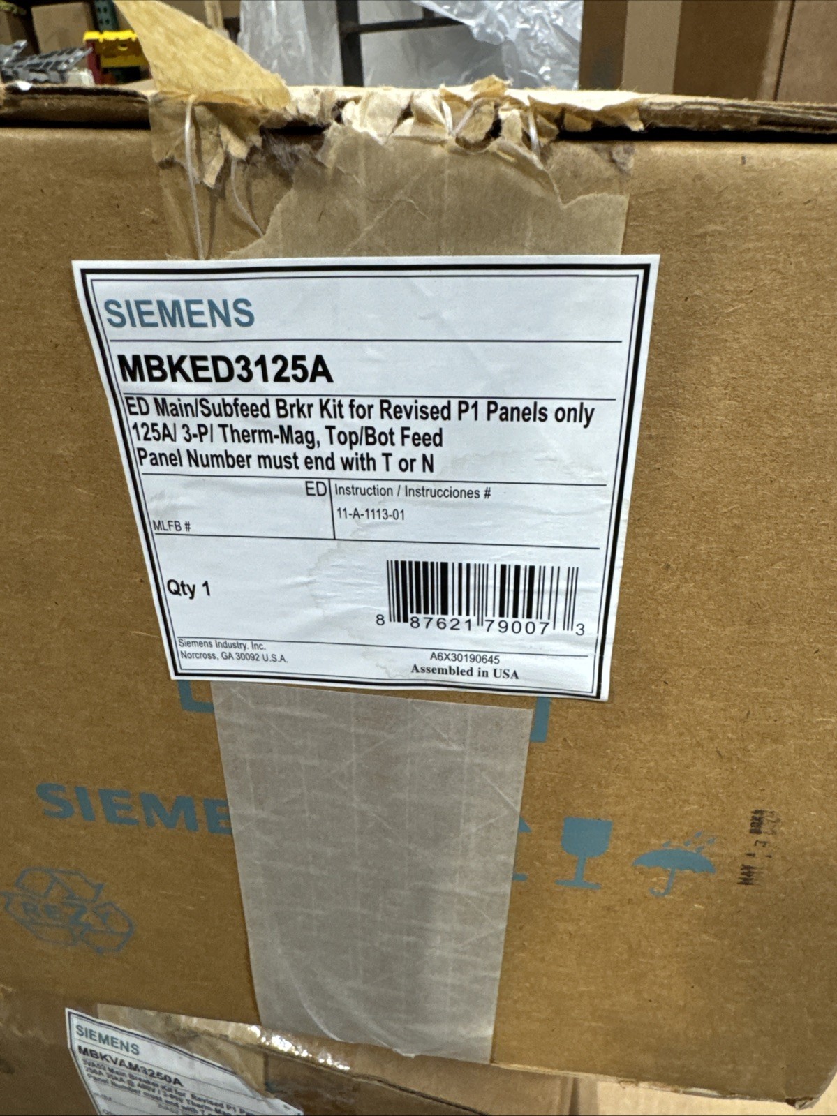 (1) NEW Siemens MBKED3125A 3p 480v 125a P1 Panel Main Breaker Kit – NEW IN BOX