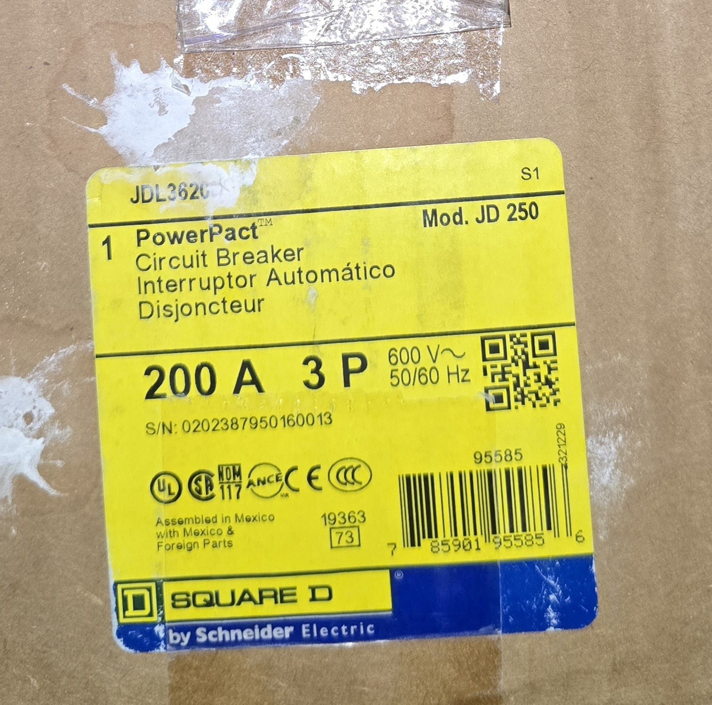 JDL36200 Square D 200A 3Pole Powerpact J-Frame Molded Case Circuit Breaker JD250