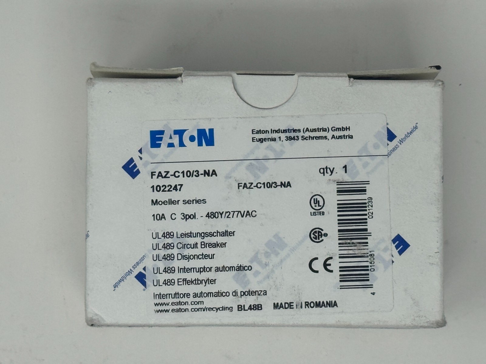Eaton Moeller FAZ-C10/3-NA 3-Pole, 10A Circuit Breaker (NIB)