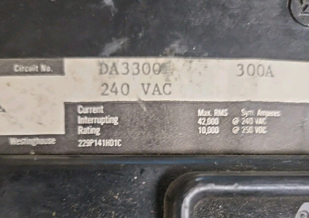 300 Amp Westinghouse Shunt Trip DA3300 Circuit Breaker 3 Pole 375D152G27 300A