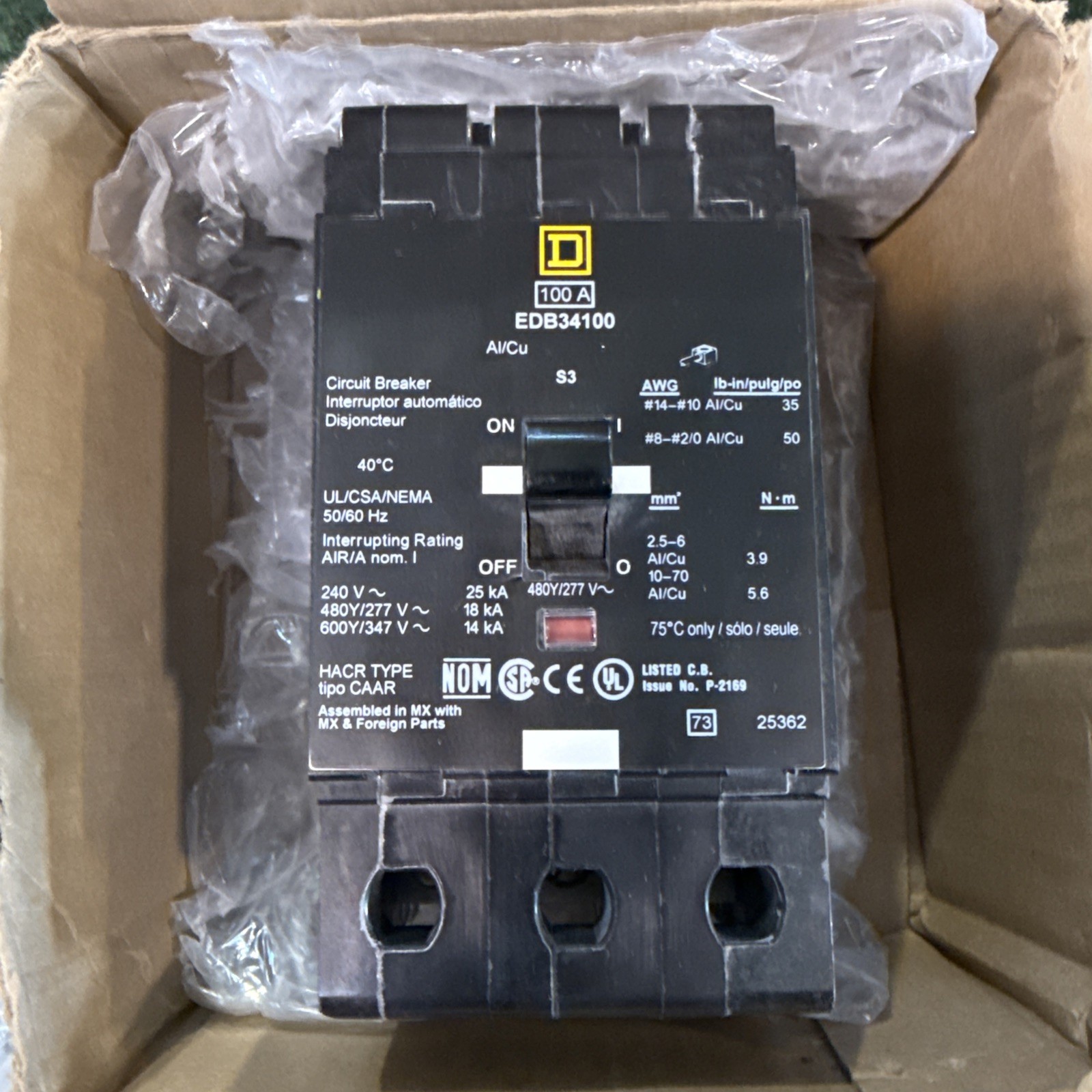 Square D EDB34100 100A 480/277V 3-Pole Bolt-On Magnetic Breaker New Open Box