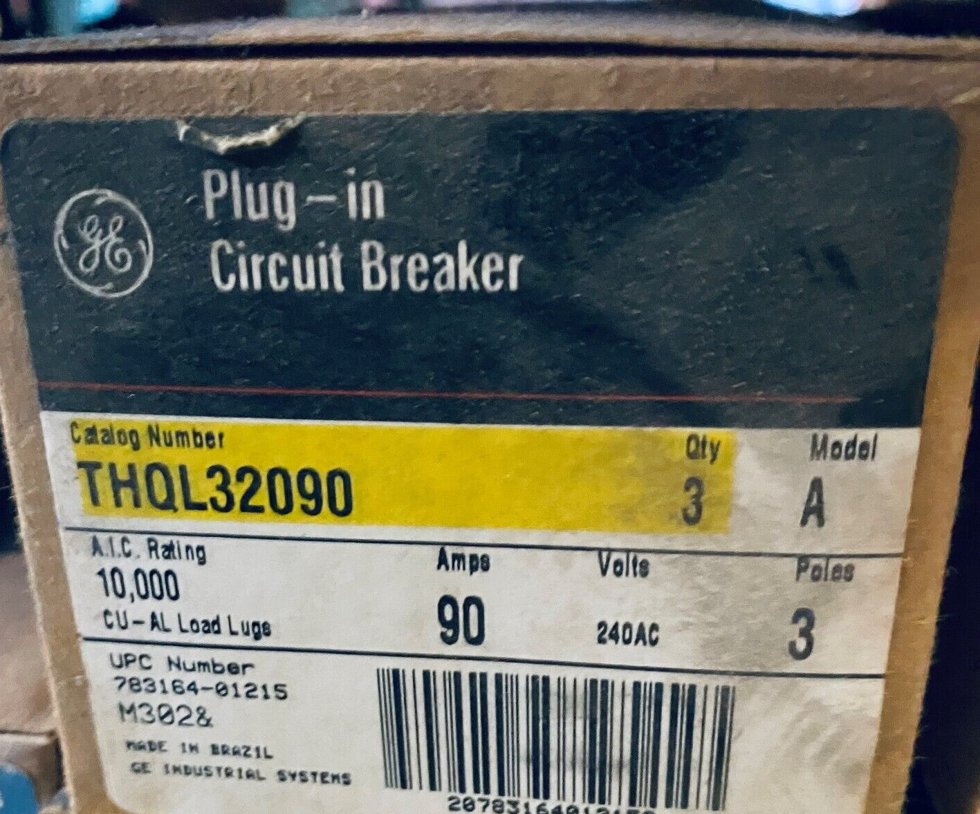 GE THQL32090 BREAKER 3POLE 90A 240V NEW READY TO SHIP (PER EACH)