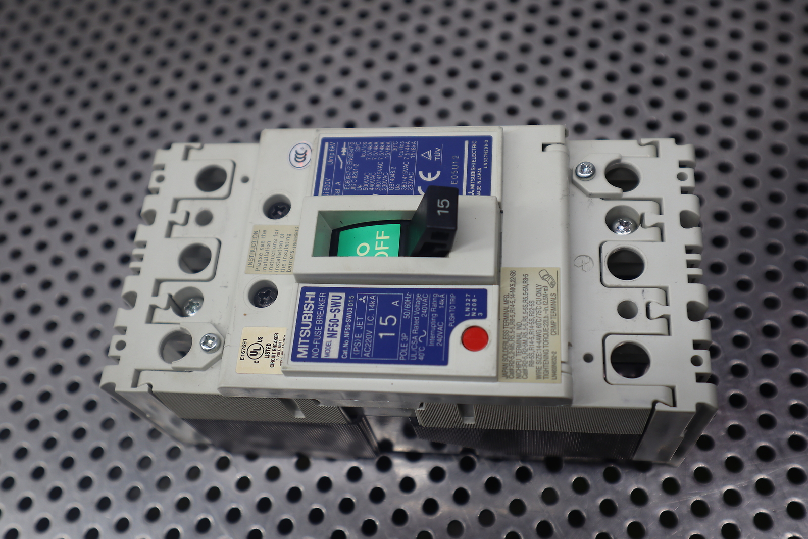 Mitsubishi NF50-SWU 15A No-Fuse Breaker 3-Pole 240VAC W/ F05SWUA Handle Used