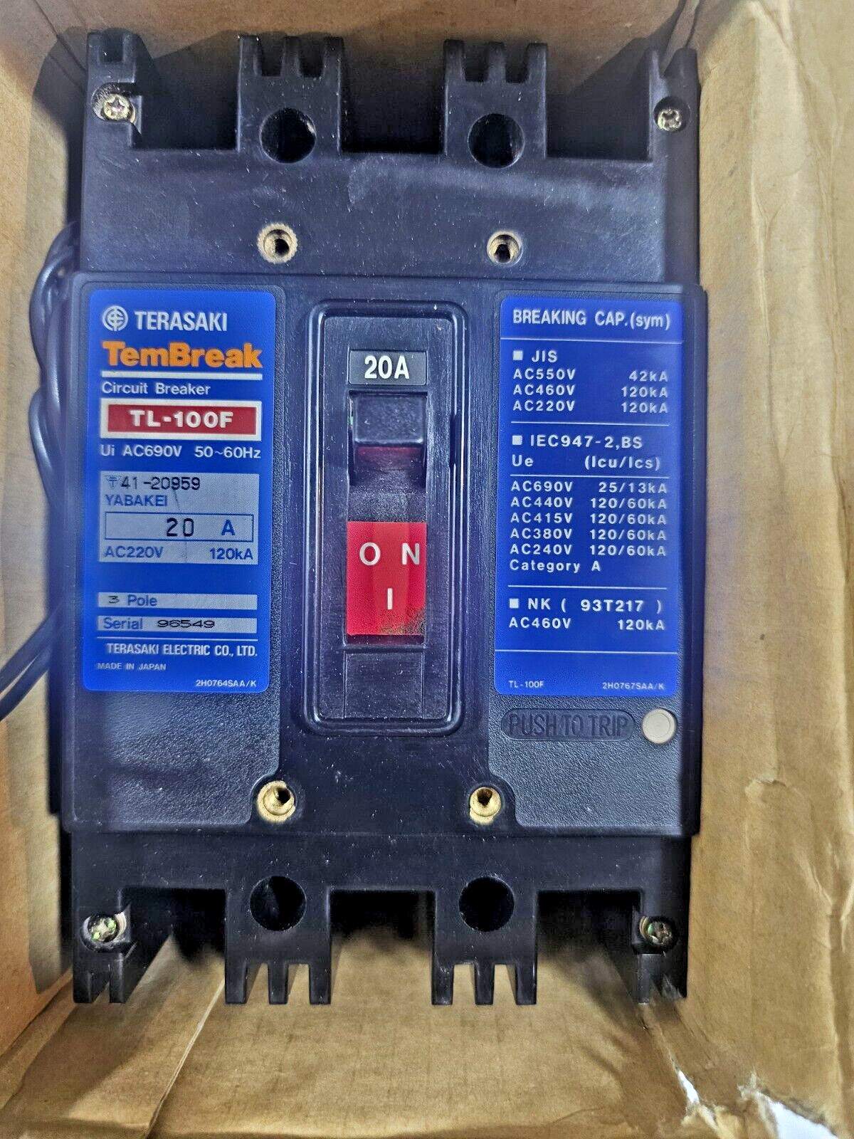 TERASAKI TEMBREAK CIRCUIT BREAKER TL-100F 20A 690V 120KA MADE IN JAPAN