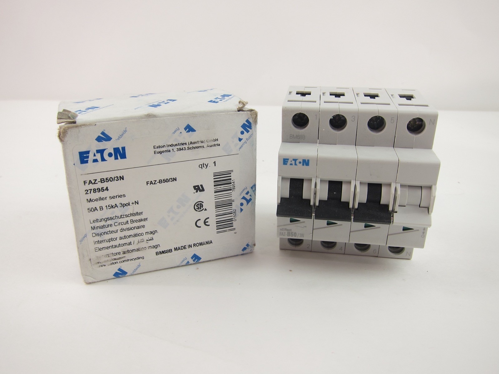 NEW Eaton FAZ-B50/3N Circuit Breaker 278954 3P 50A FAZB503N