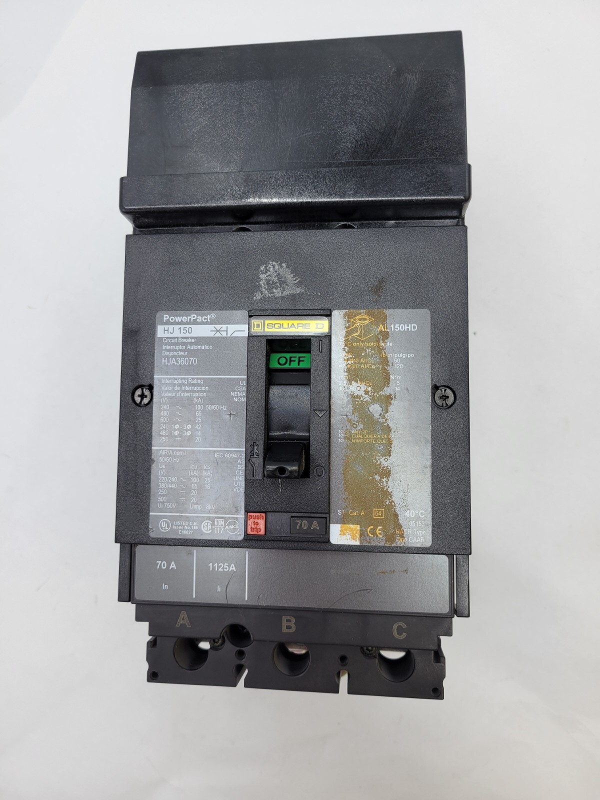 Square D HJA36070 PowerPacT I-Line Circuit Breaker 70A 600V 3P 3PH Type HJ150