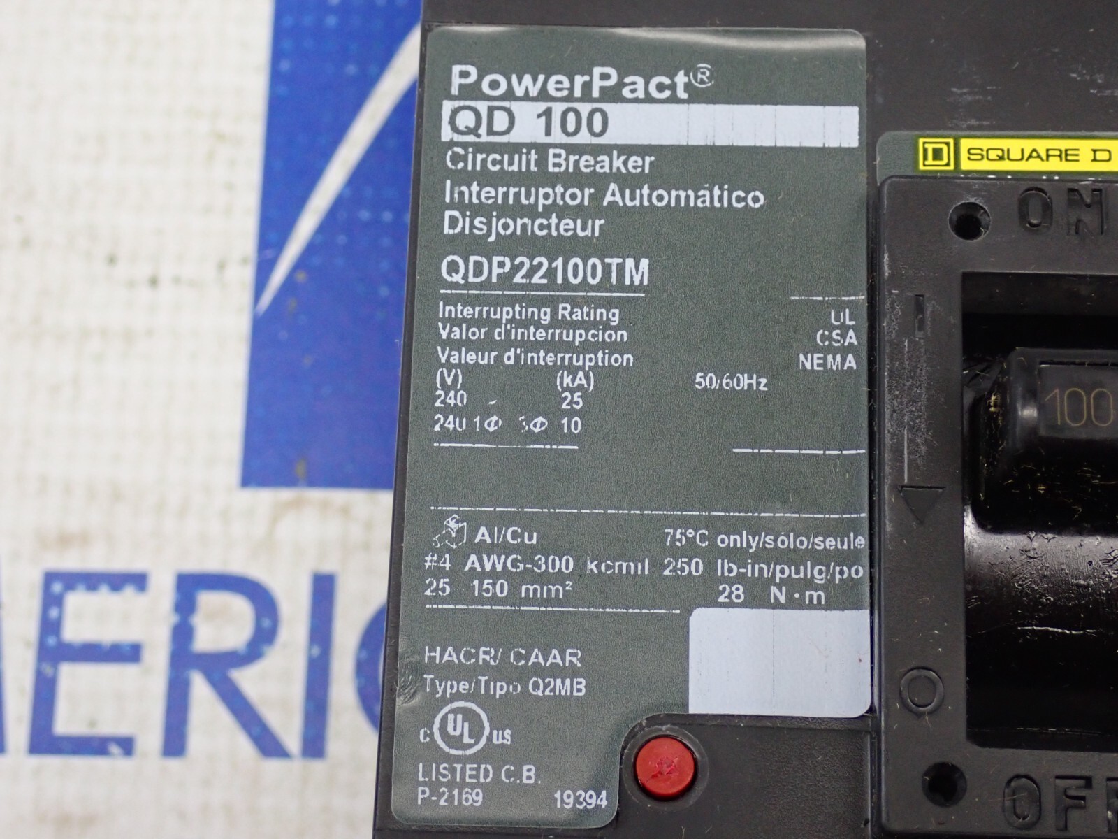 NEW Square D QDP22100TM 2 Pole 100 Amp 240 Volt 25kA@240V QD 100 Circuit Breaker