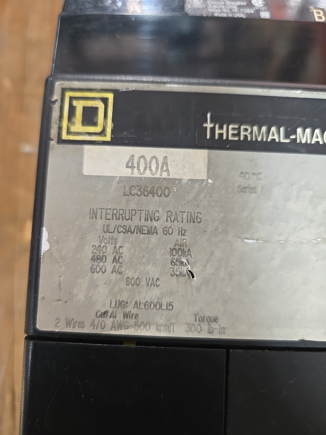 LC36400 400 Amp 600V 3 Pole Square D I Line Breaker