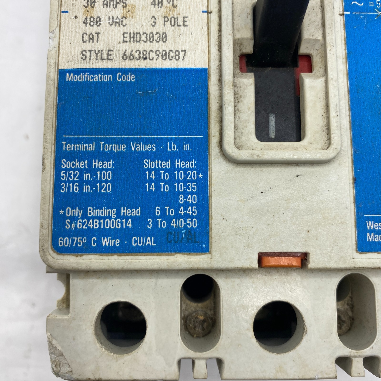 WESTINGHOUSE EHD3030 INDUSTRIAL CIRCUIT BREAKER EHD 14k 30-AMPS 3-POLE 480VAC