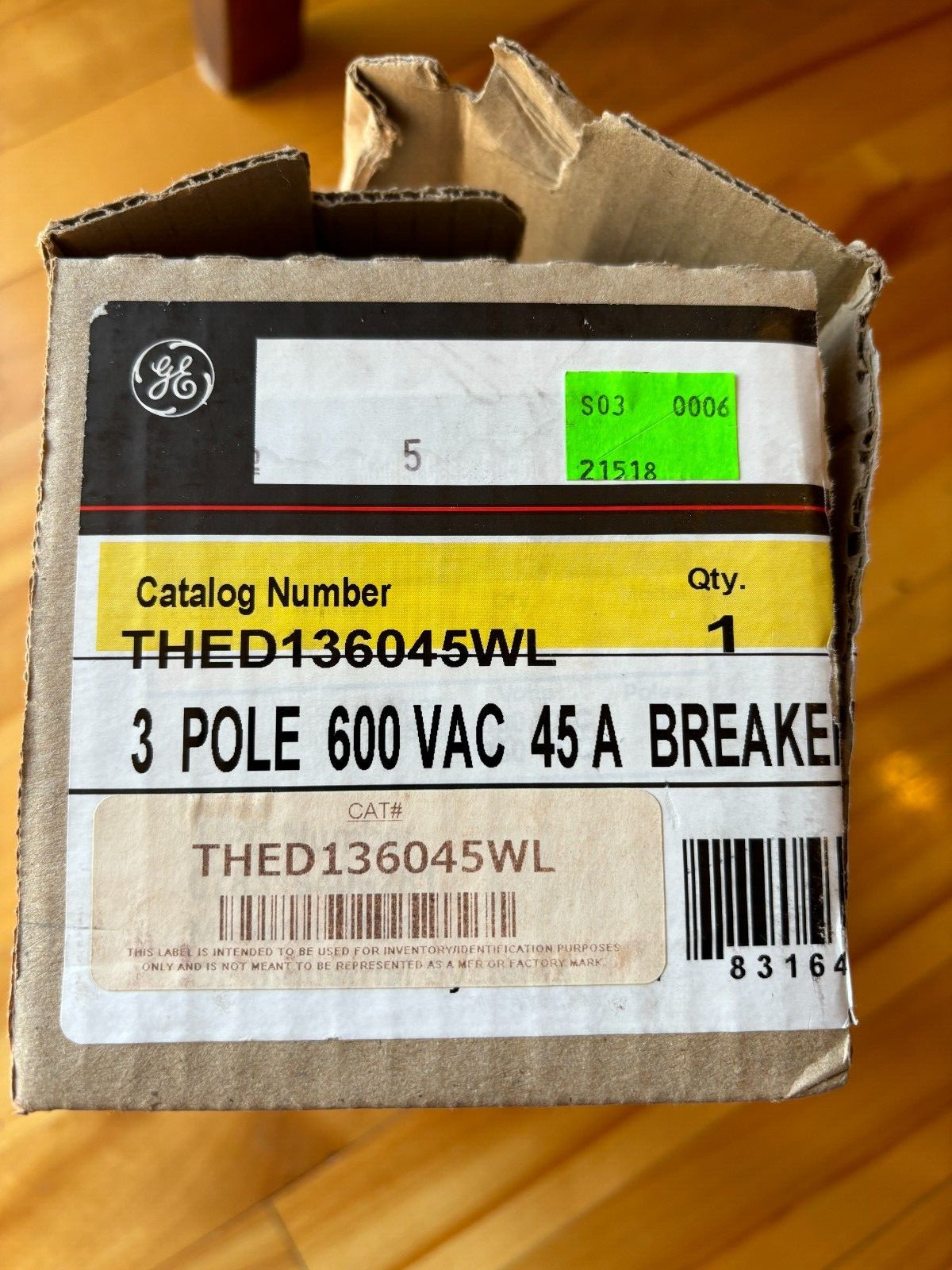 NEW OLD STOCK – IN OPEN BOX – GE THED136045WL 3POLE 45A 600V HI-BREAK BREAKER c