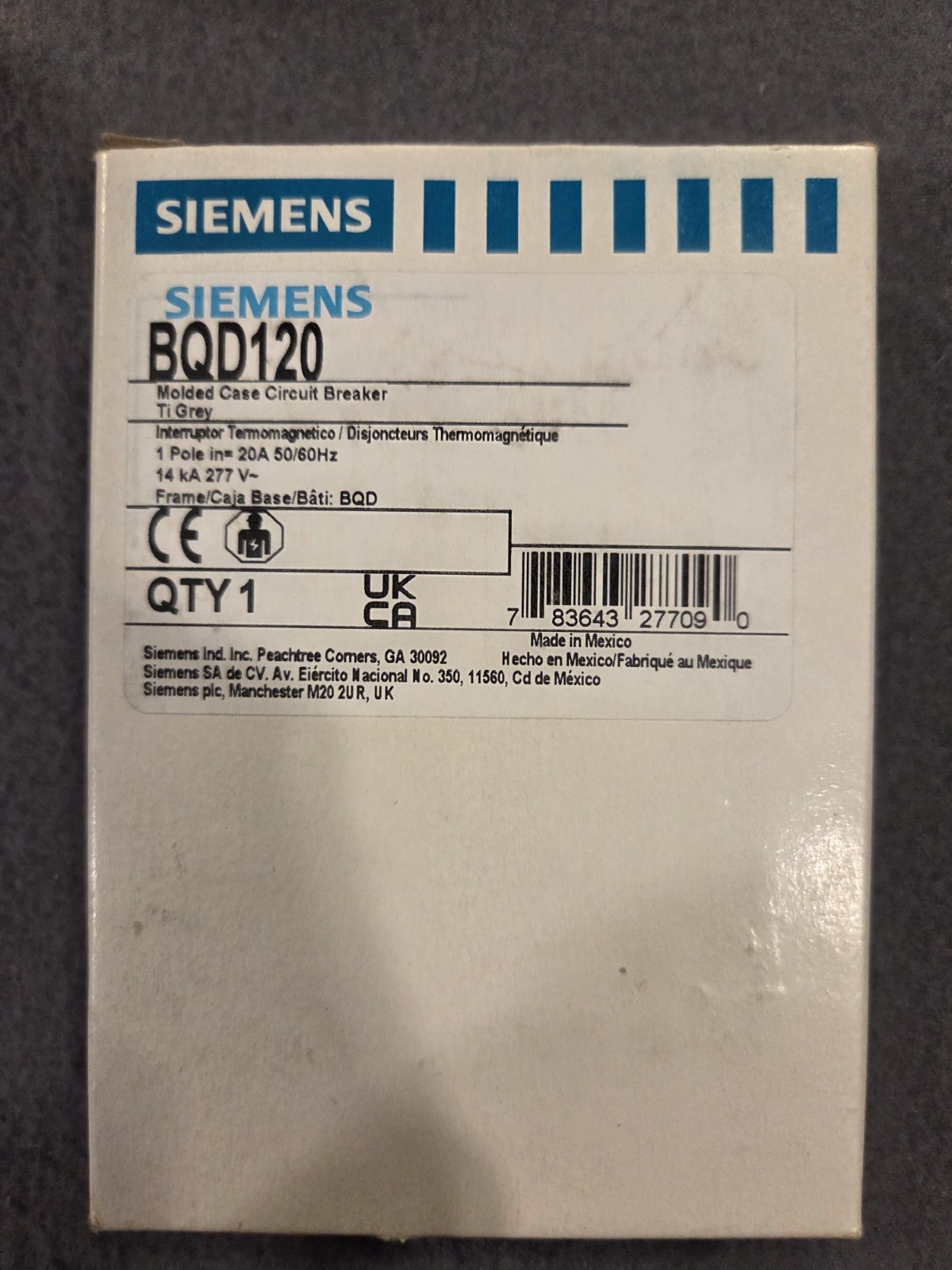 BQD120 Siemens Circuit Breaker~1P~20A~277V~New in box~FREE SHIPPING