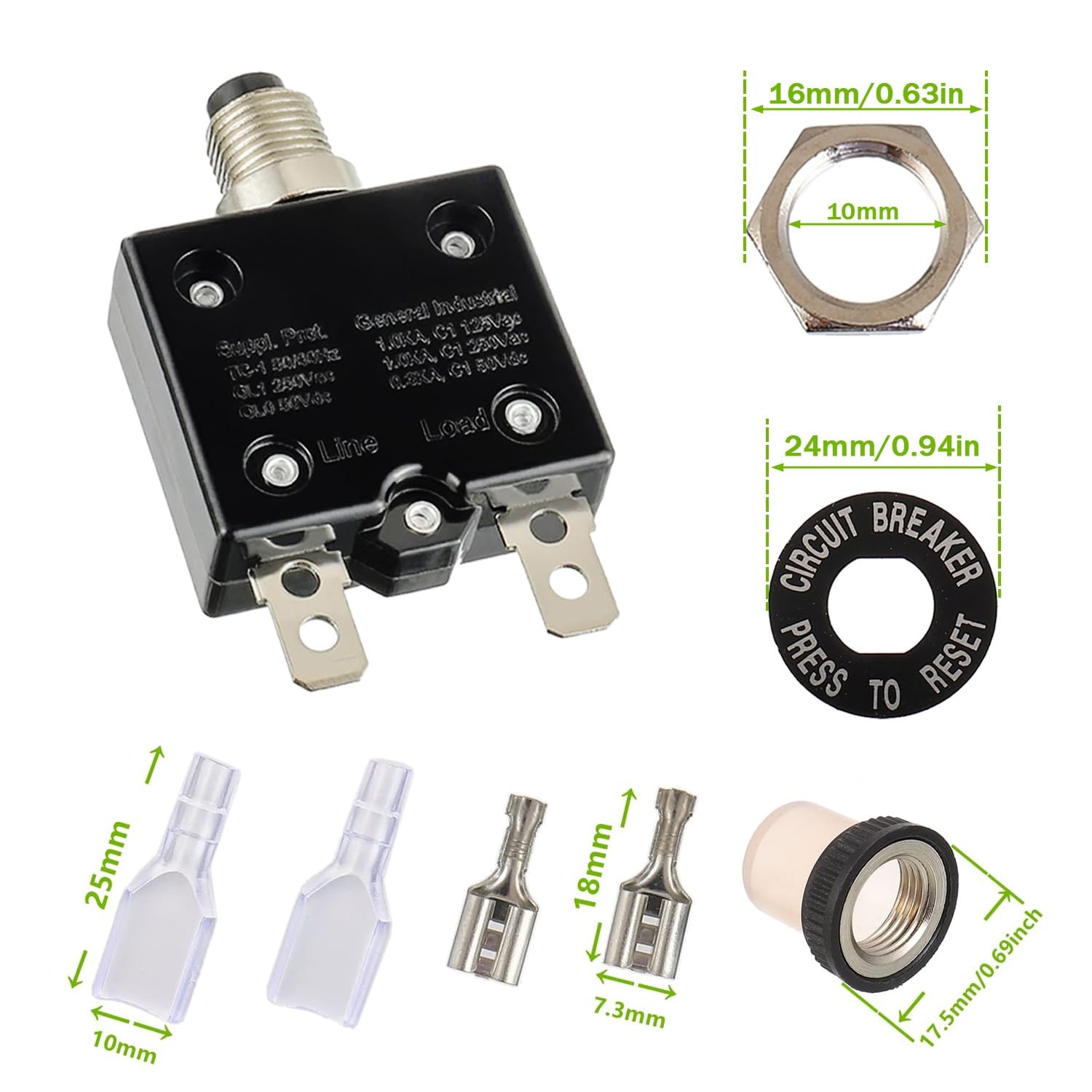 8A Manual Reset Push Button Circuit Breaker 125/250V AC 50V DC Thermal