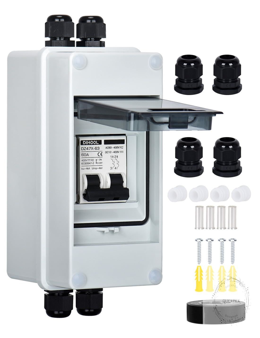 AC DC Circuit Breaker with IP65 Din Box for Solar Systems 60 Amp 2 Pole 12V-400V