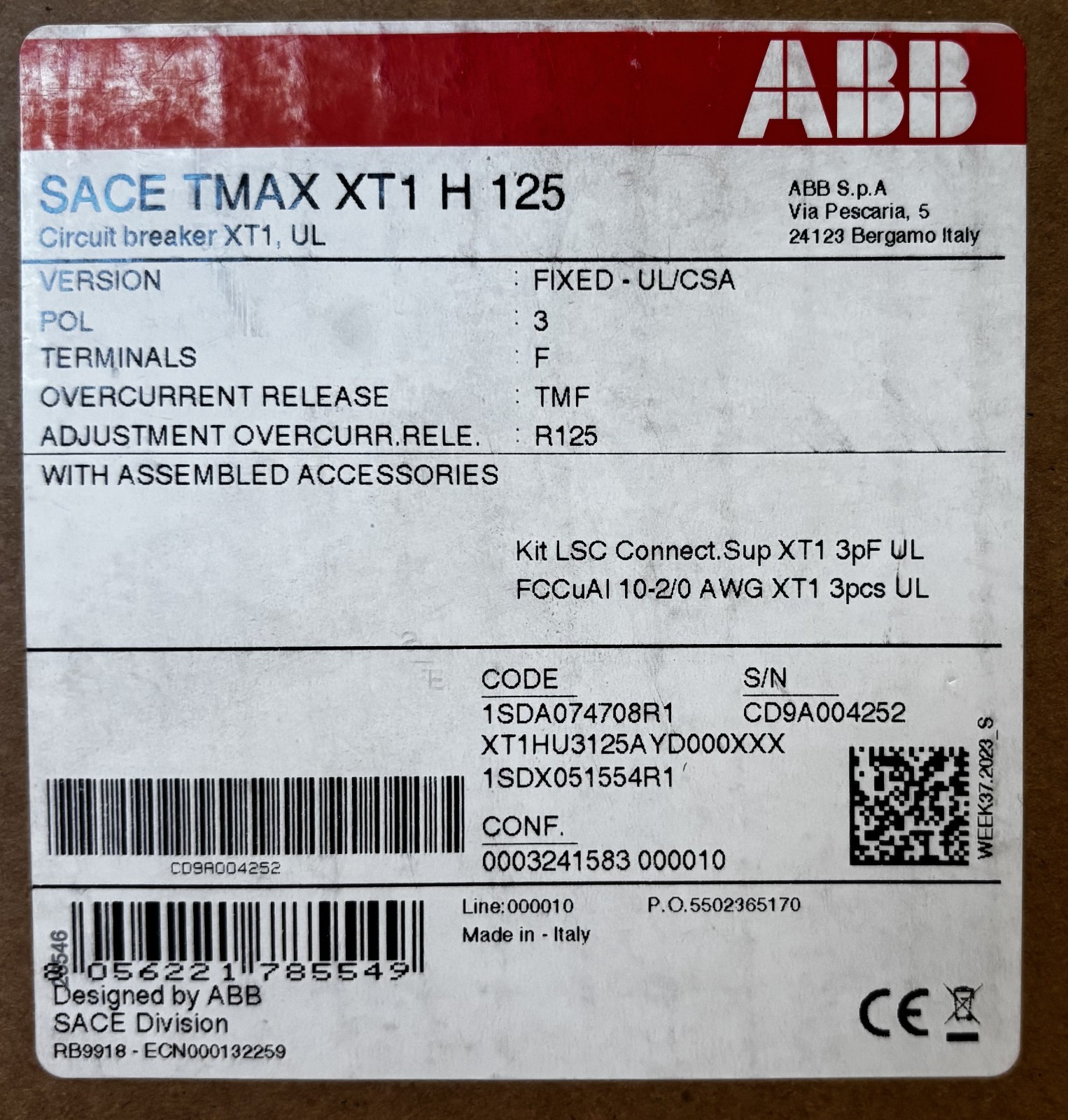 ABB XT1HU3125AYD000XXX Circuit Breaker 125A 3P 600V XT1 MCCB UL 489 New