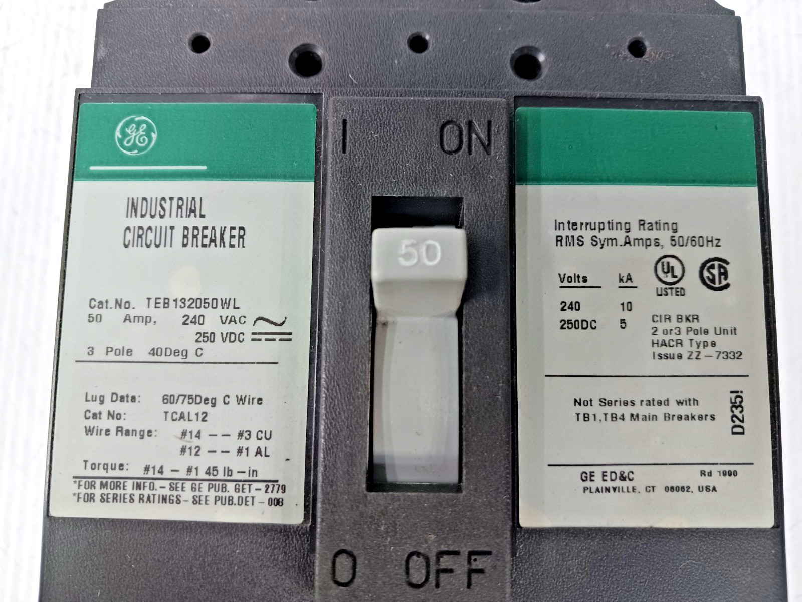 GE 50 Amp Industrial Circuit Breaker 3 Pole 240 VAC / 250 VDC 10kA TEB132050WL