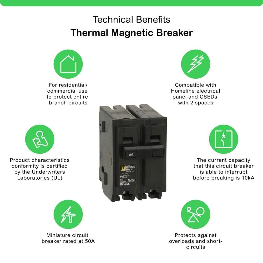Circuit Breaker Square D 50 Amp 2 Pole Homeline Standard Trip Residential Black