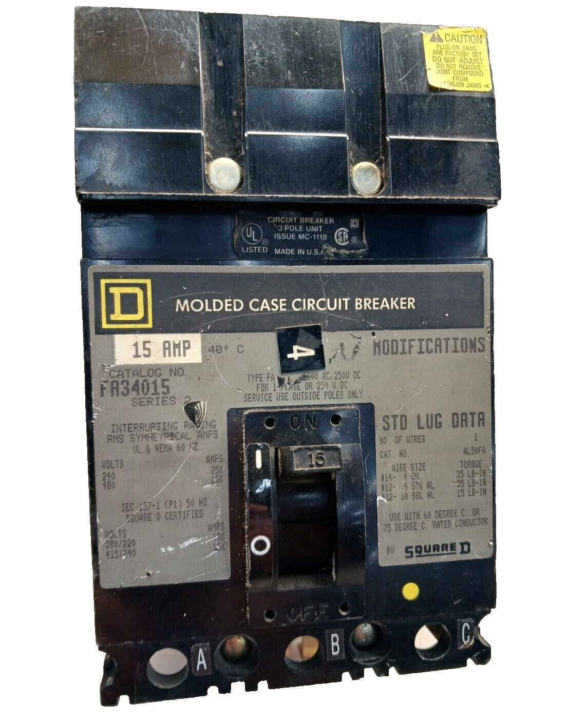 SQUARE D 15 AMP I-LINE CIRCUIT BREAKER 3 POLE 480 VAC FA34015