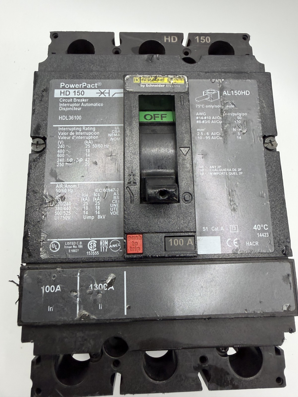 Square D HDL36100 100A 600V 25kA 3P Circuit Breaker – tested & wrnty