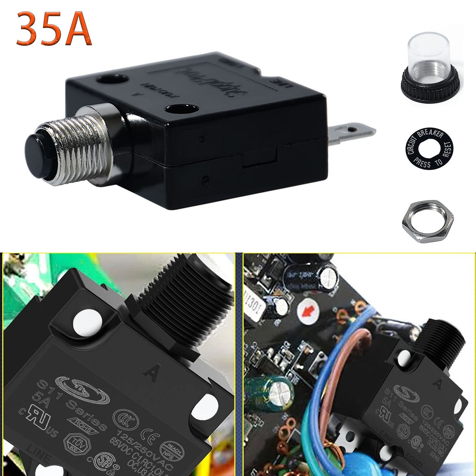 NEW 35AMP Push Button Reset Circuit Breaker DC50V 125-250V Thermal Overload