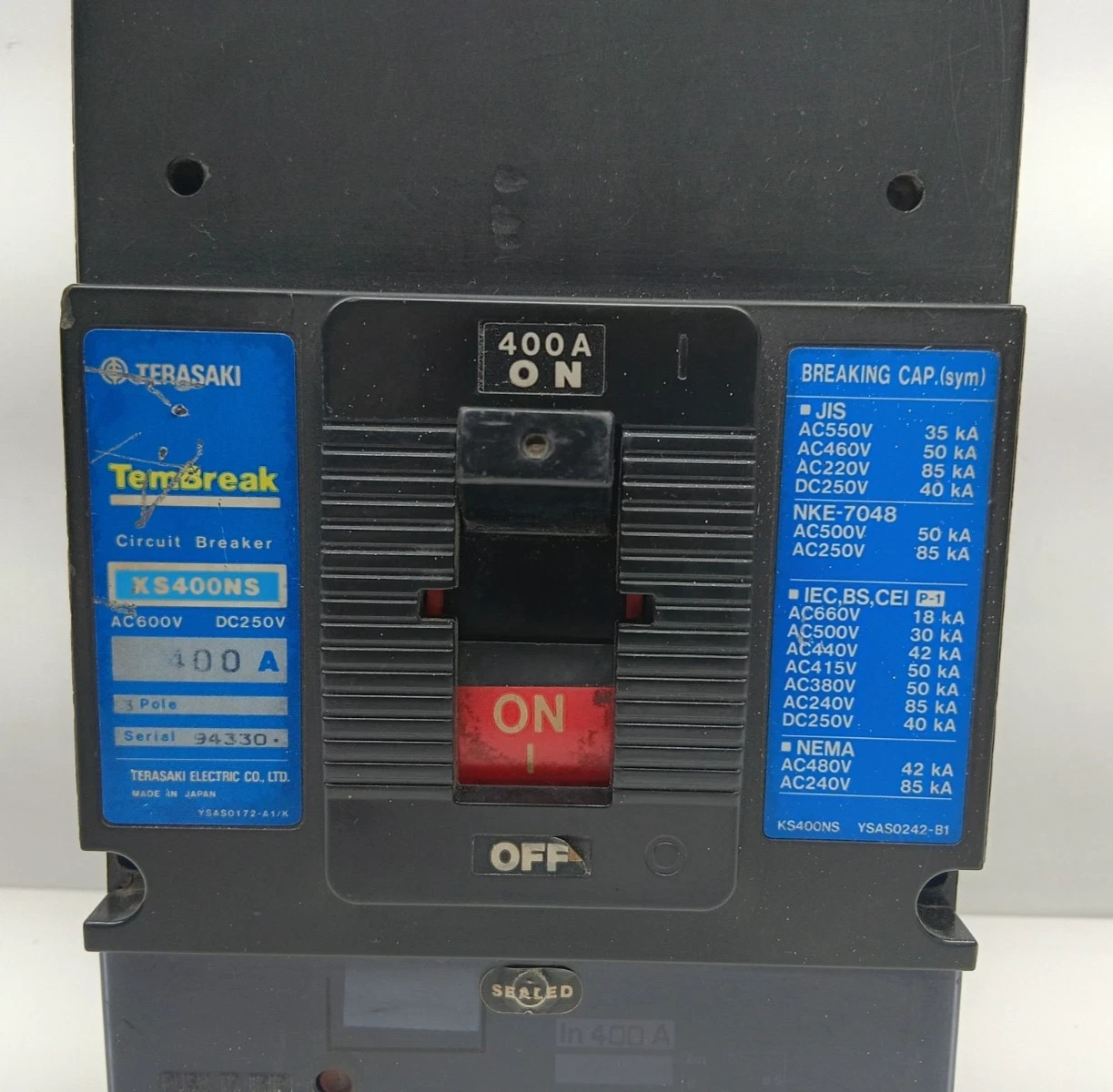 TERASAKI XS400NS TEMBREAK 3 POLE 400 AMPS CIRCUIT BREAKER AC600V DC250V