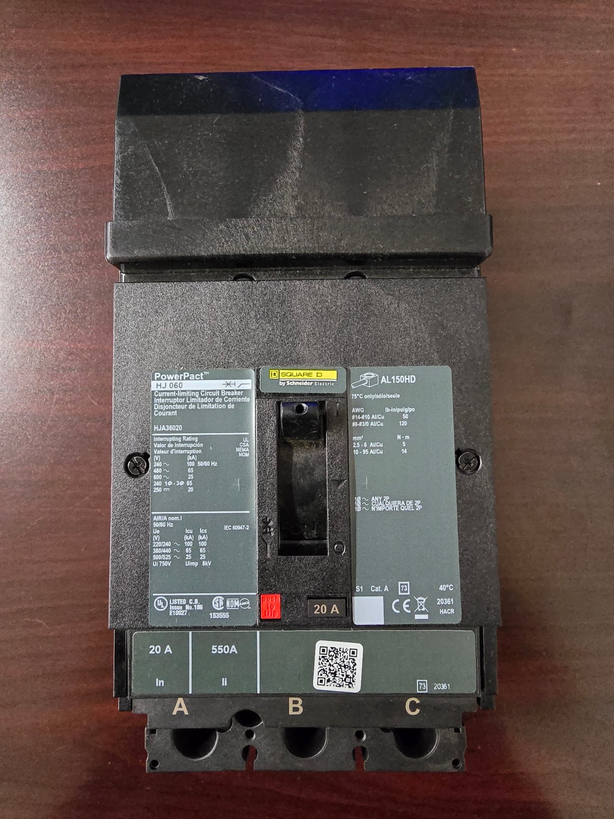 HJA36020 – Square D – Molded Case Circuit Breaker I-Line Plug-In – 20 Amp