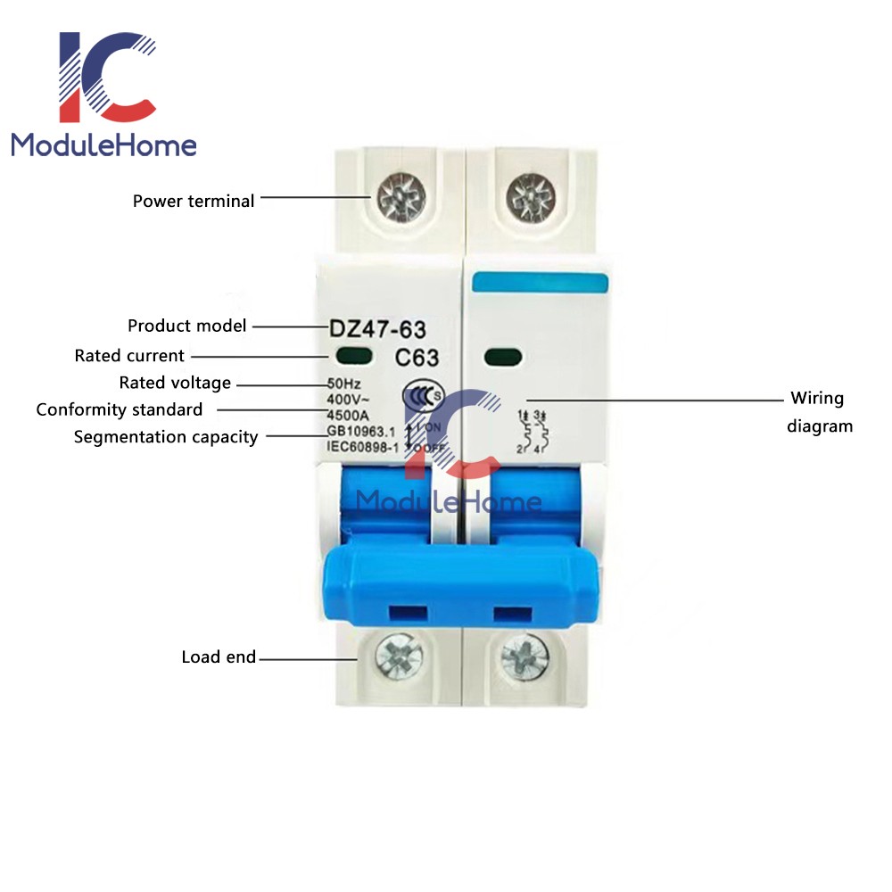DZ47-63 2P Mini Circuit Breaker 6-63A Overload Short Circuit Protetion 400V 50Hz