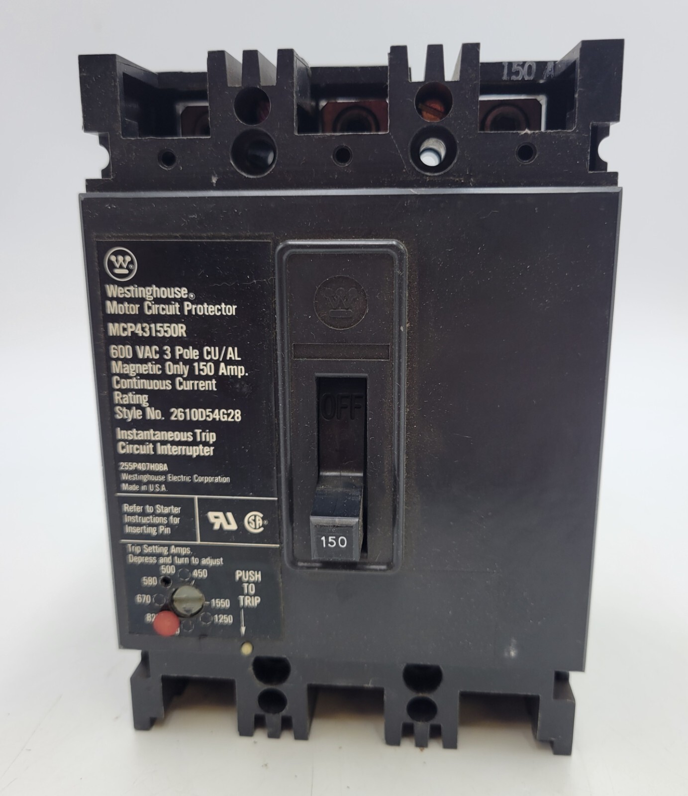 Westinghouse MCP431550R Bolt-On Motor Circuit Protector 150A 600VAC 3P 3PH MCP